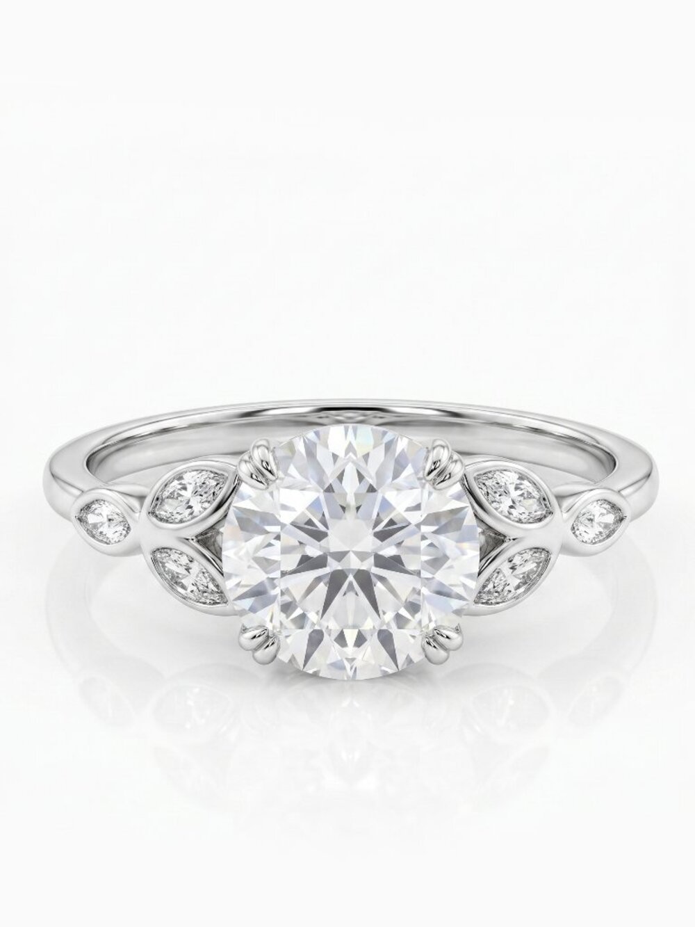 Classic Engagement Style Round Halo ring with leaf band,  925 Sterling Silver